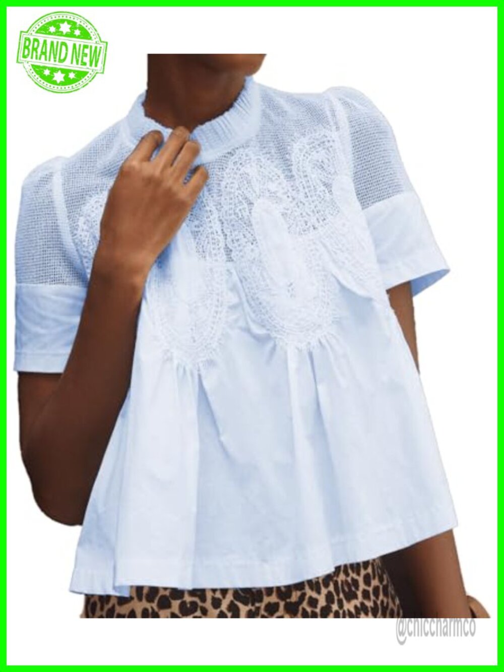Lace Detail Flared Blouse Short Sleeve Crew Neck Poplin Mesh Swing Top